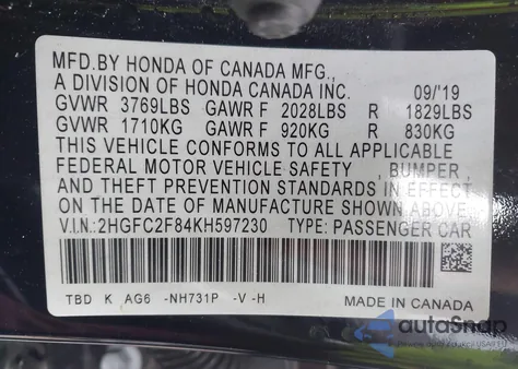 2019 Honda Civic Sport from USA, damaged, VIN 2HGFC2F84KH597230